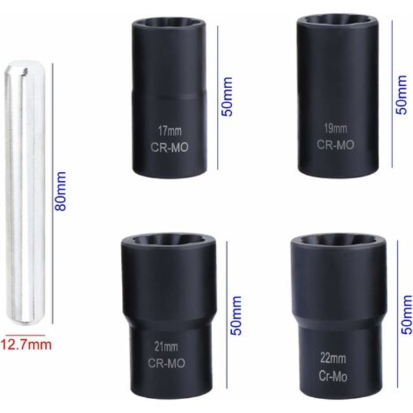 Set 5 1/2" kierrehylsyä vaurioituneiden pyöränmutterien poistamiseen, 17mm, 19mm, 21mm ja 22mm, Fonepro