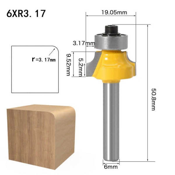 Set med 4 runda kantfräsar med 6 mm skaft, hårdmetallöverfräsar med lager för träbearbetning