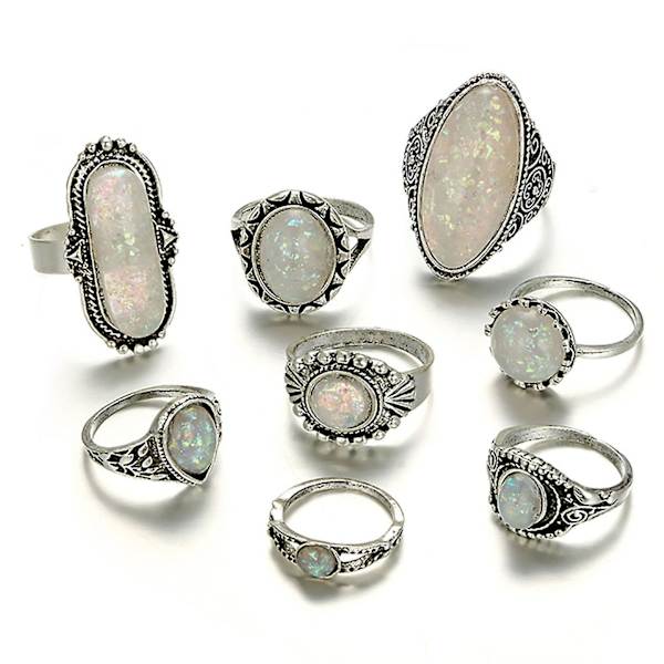 8kpl / set Sormus Galvanointi Kohokuvioitu Design Vintage Style Fake Peal Antiikkinen rystysormus treffeille