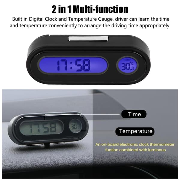 2-i-1 Biltilbehør Mini Elektronisk LED Digital Klokke Termometer Voltmeter