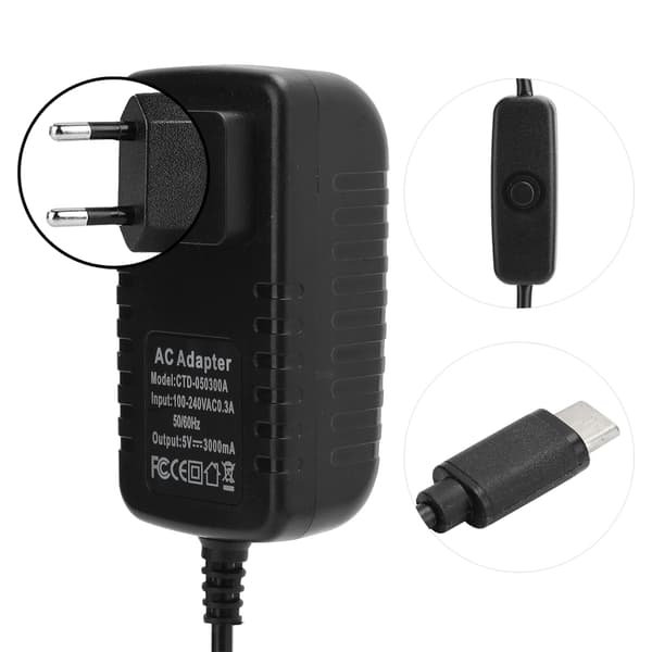 Raspberry Pi 4B 5V 3A Typ C Strömförsörjningsadapter med På Av-knapp 100 240V EU-kontakt
