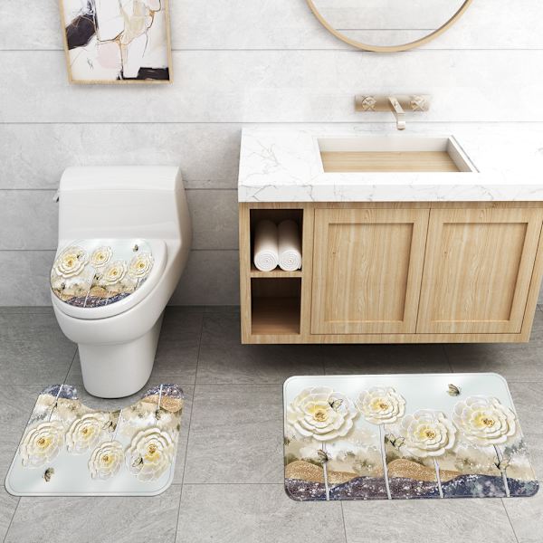 Fyra delars set målade och printed golvmattor präglade plommonblommor Birdie polyester duschdraperi, N03,