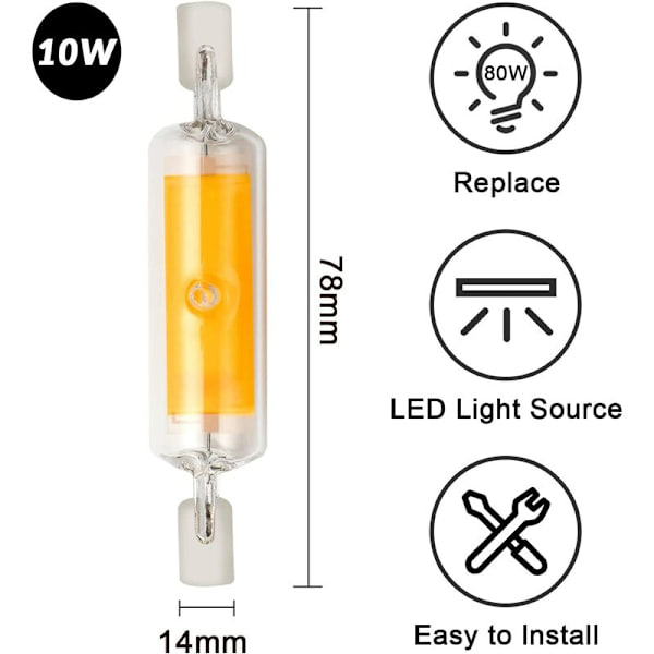 Kappaleet R7S LED 78mm himmennettävät polttimot 10W 230V, lämmin valkoinen LED-polttimo 3000K, 800LM COB LED-polttimot, 360° valon kulma, vastaava