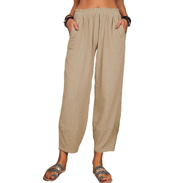 Dame Stretch Solid Color Casual Straight Bukser Khaki XL