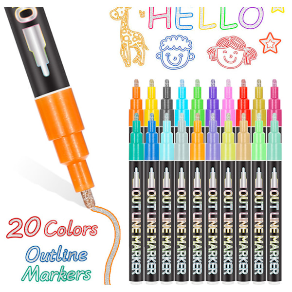 Dream double line pen 20 farver sæt håndkonto note highlighter markør (sæt med 20 farver (rundt hoved)),