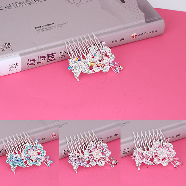 Inlagd Rhinestone Damhår Kam Butterfly Insert Kam Brudhårnål Pink C