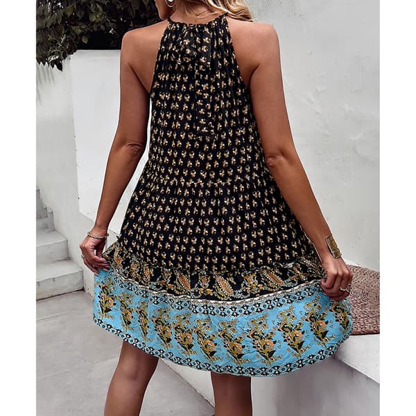 Halterneck Ärmlös Boho Tryck Flödande Stor Fåll Casual Sommarklänning Svart M