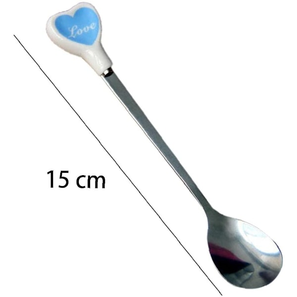 2 rustfrit stål teskefulde hjerteform keramisk dekoreret kaffemælk dessert sukkerstang (blå)