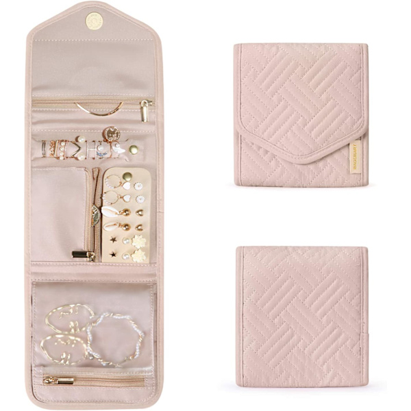 Rejsesmykkeorganisator Sammenklappelig rulle til ringe, halskæder, øreringe, armbånd, mini, pastelrosa