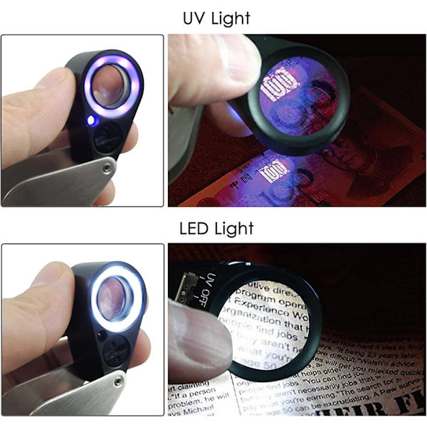 Forstørrelse Juveler Øjenlup Triplet Lens Foldbar lup forstørrelsesglas til ædelstene, smykker, mønter, frimærker osv. (30x forstørrelse + Uv LED-lys)