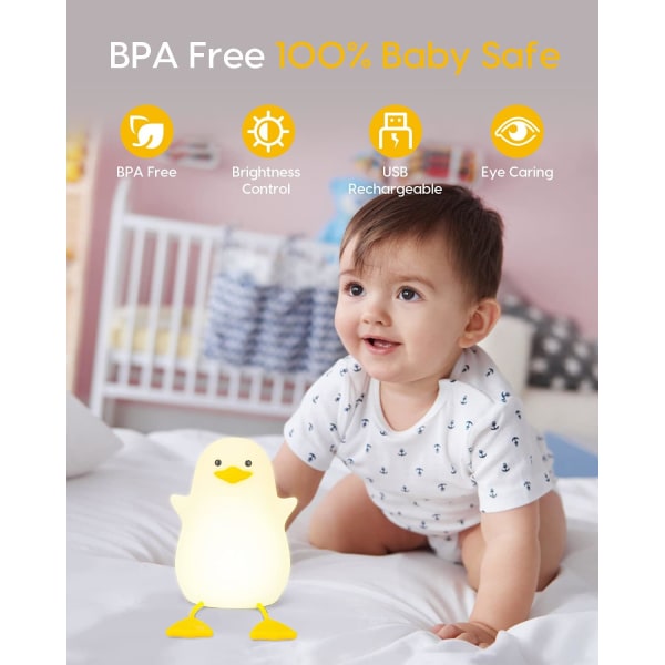 Natlys til børn med 2 farveskiftende tilstande og dæmpningsfunktion, genopladeligt LED-natlys med 20 minutters timer og berøringskontrol - Cute Duc