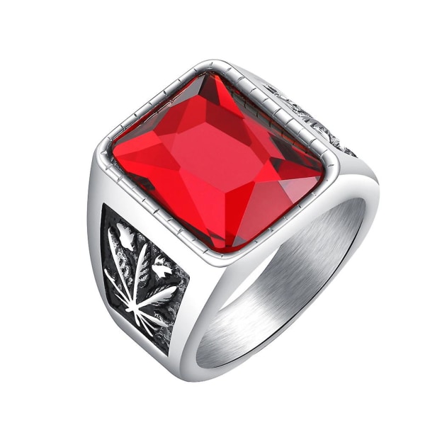 Mænd Square Rhinestone Udskåret Maple Leaf Band Titanium stål Ring smykker gave Steel Color US 9 Red..