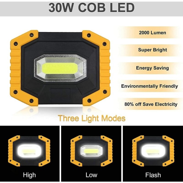 30 W 2000 LM ladattava LED-työvalo akkuturvallisella 3 tilan energiansäästö- ja vedenpitävä COB-retkeilyvalo U:lla