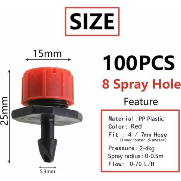 100 kpl 360 asteen tiputin, jossa 8 reikää 4/7 mm letkulle, punainen