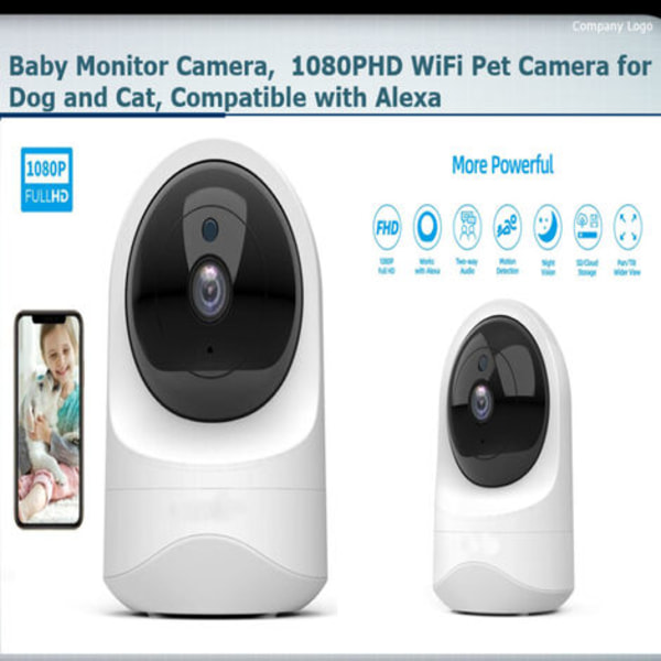 1080P WiFi-övervakningskamera med mörkerseende, hemkamera med rörelsesensor och tvåvägsljud, baby/djurvakt