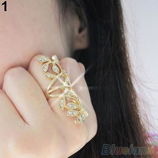 Dammode glänsande rhinestone ihåliga blad led pansar knogring smycken Golden
