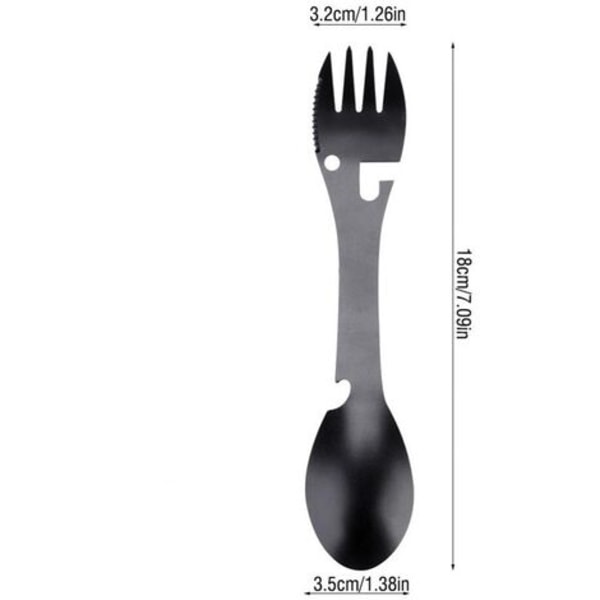 i 1 Bærbar multifunktionsske Gaffel Flaskeåbner Savtandskærer til Camping Picnic 18*3,5 cm Sort