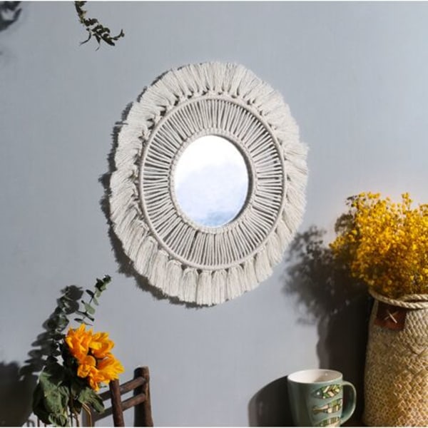 Boho Macrame Fringe Väggspegel med Träpärla Fjäderhänge Rund Väggkonstspegel för sovrum Hall Vardagsrum H