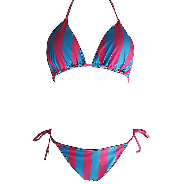 kvinnor Sexig Bikini String Set Vadderad Push Up Badkläder Sommar Beach Baddräkt Striped Blue Pink L