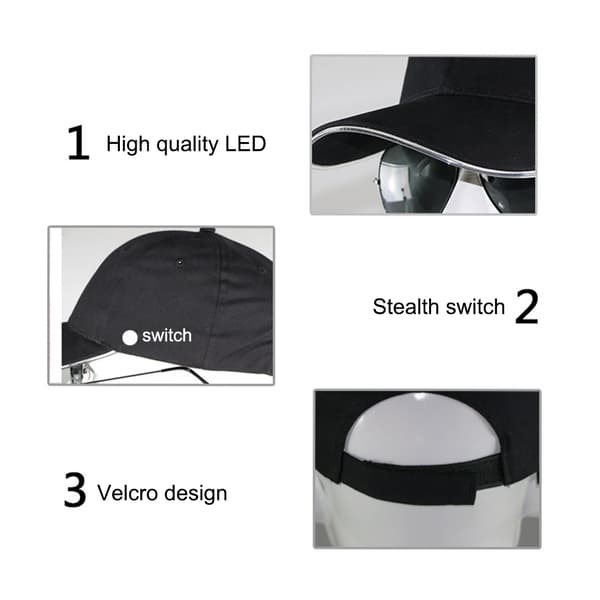 LED-valolla varustettu baseball-lippis, valokuitu, musta, sininen, mainoshattu