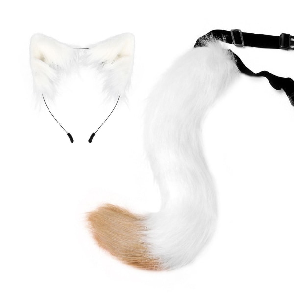 Cat Ears Pannband Svans Läderhalsband Set Cosplay Headpiece Tillbehör White