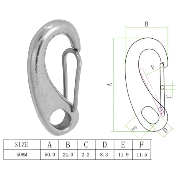 Rustfri Stål Snap Hook Quick Draw Shackle 50mm Dykker Tilbehør Bolt Sæt