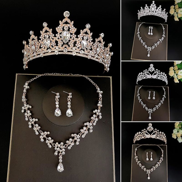 Bröllopsbröllops tiaror Crown Set med örhängen Kit & Necklack Handgjorda lyxiga Crystal hårtillbehör Silver 2