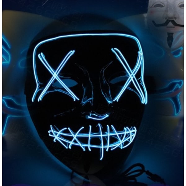Halloween koldt lys maske led lysende sort V maske spøgelsesdansende koldt lys maske (blå_med blodformede V-formede øjne og mund),