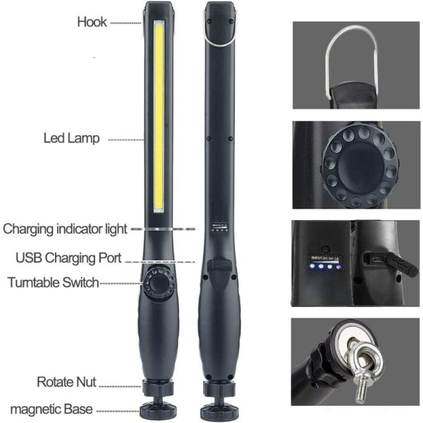 Uppladdningsbar LED-arbetslampa med magnetisk och USB uppladdningsbar, inspektionslampa för hushållsverkstad utomhuscamping