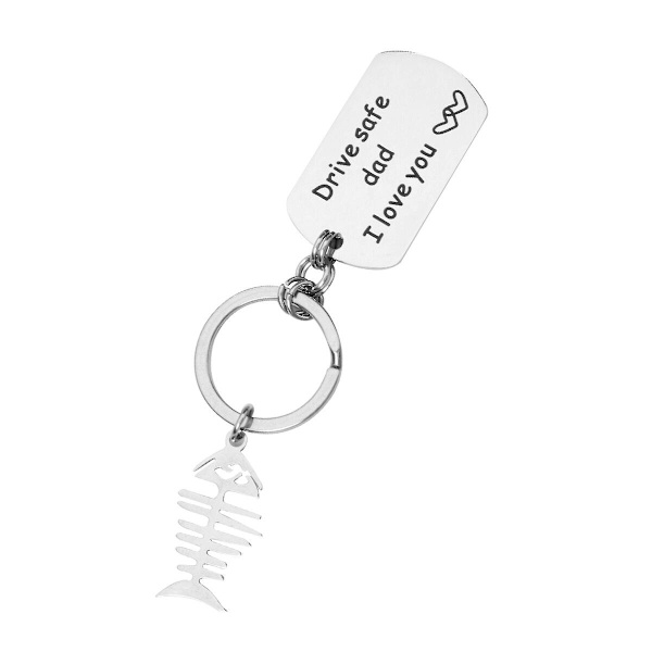 Silver Drive Letter Print Nøgleringe Fiskeben Nøgleringe Nøgleringe i rustfrit stål Ornamenter Craft Pendant Fars Dagsgaver