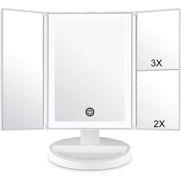 Makeup spejl med LED lys og berøringsskærm, 1X/2X/3X forstørrelse, 180° justerbar rotation, bordspejlbatte