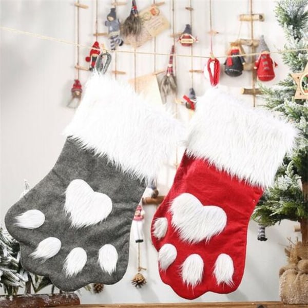 Hunde Cat Paw julestrømpe, plys hængende sokker til ferie og julepynt (stor/16,5 tommer, 2-pak/grå+rød