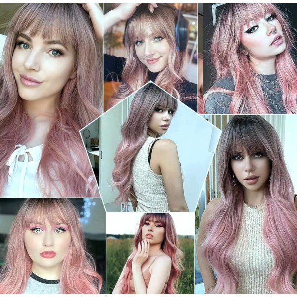 Gradient Pink Bangs pitkät kiharat hiukset (lc6018)