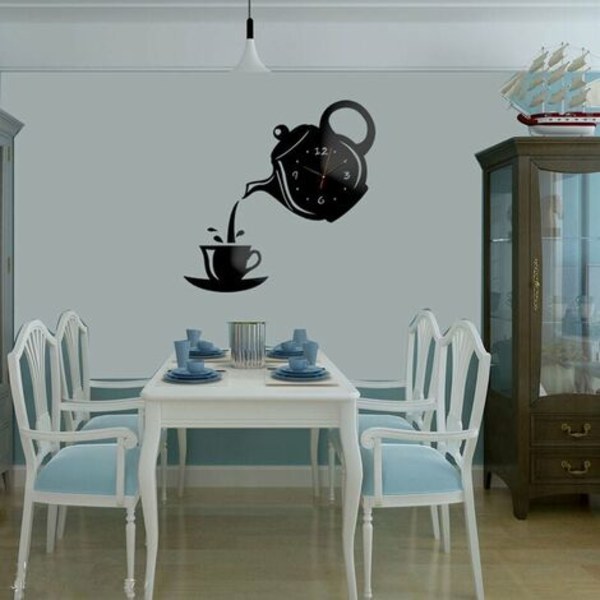Creative teekannu vedenkeitin seinäkello, 3d akryyli kahvikuppi seinäkello, musta