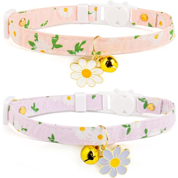 Katthalsband i 2 delar i bomull med klocka, rosa blomsterhänge, söt katthalsband, katthalsband, perfekt för flickor, katter, pojkar, katter