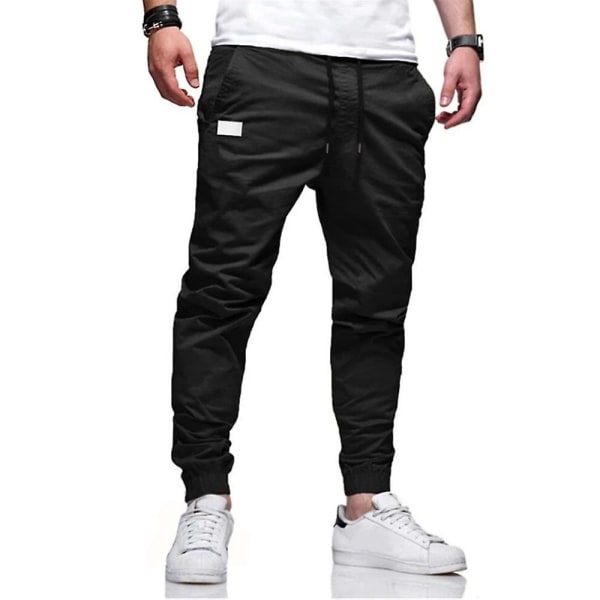 Enfärgad dragsko för män Cargo byxor med elastisk midja Black 3XL