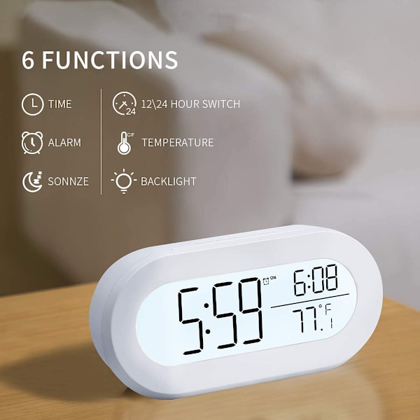 Digital väckarklocka för kontor eller sovrum, liten väckarklocka för barn, med mjuk bakgrundsbelysning, snooze och temperatur, batt