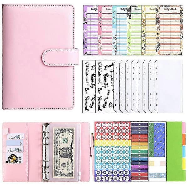 Lilla Macaron A6 Løsbladet Budget Binder Planner Notesbog, PU Læder Pengebesparende Journal Sæt med Kontantkuverter & Budgetark