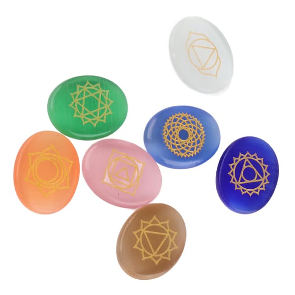 Chakra Krystall Healing Set med graverte håndsteiner - 7 stk