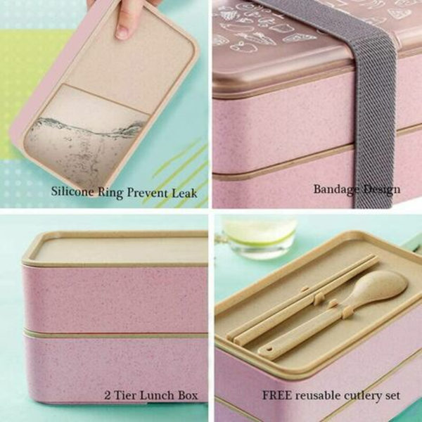 Bento Box 2-vånings Lunchbox med återanvändbara bestick Lunchbox i japansk stil för mikrovågsugn Frys Diskmaskin Bento Box för
