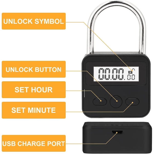 Smart Time Lock Max 99 timmars tidslås med LCD-skärm USB Uppladdningsbart säkerhetshänglås Kraftig metall elektroniskt timerlås (svart)