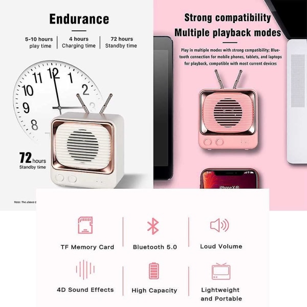 Retro Bluetooth högtalare Minikort Trådlös Subwoofer Rosa,