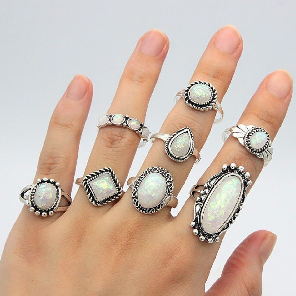 8 st/ set Fyrkantiga stapelbara knogringar Silverfärg Etnisk stil Faux Gem Finger Ringar Smycken Tillbehör