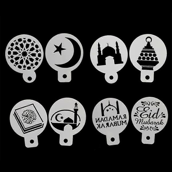 8st/set Eid Mubarak Ramadan Måne Kaffe Blomma Spray Schabloner Tårtform Dekor Vit White