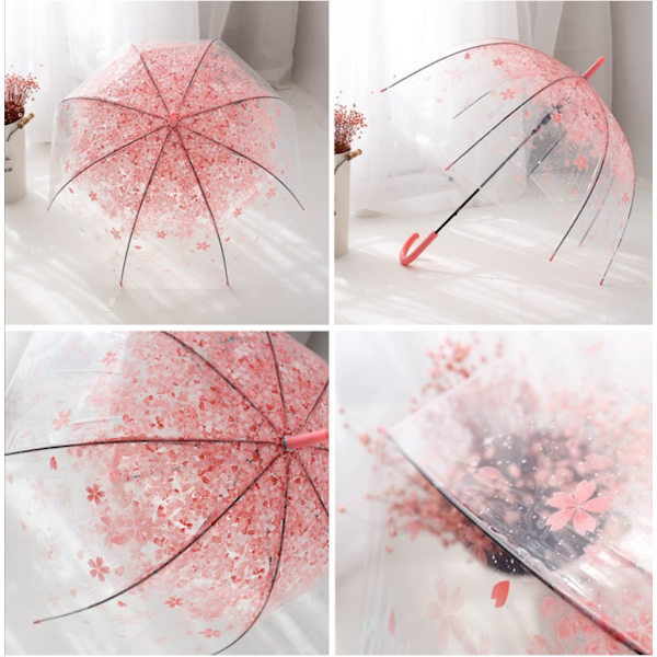 Klar paraply Kirsebærblomster Langt håndtag Klar paraply piger Blomsterprint Langt håndtag Paraply buet håndtag Paraply Klar Cherry Blossom paraply