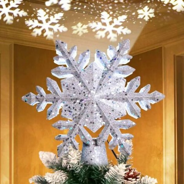 Julgranstopper med magic roterande snöflingaprojektor, 3D glitterprojektor Julgranstopper till jul