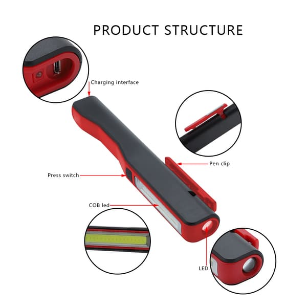 Oppladbar COB LED Lomme Pen Light Magnetisk Roterende Klips Rød