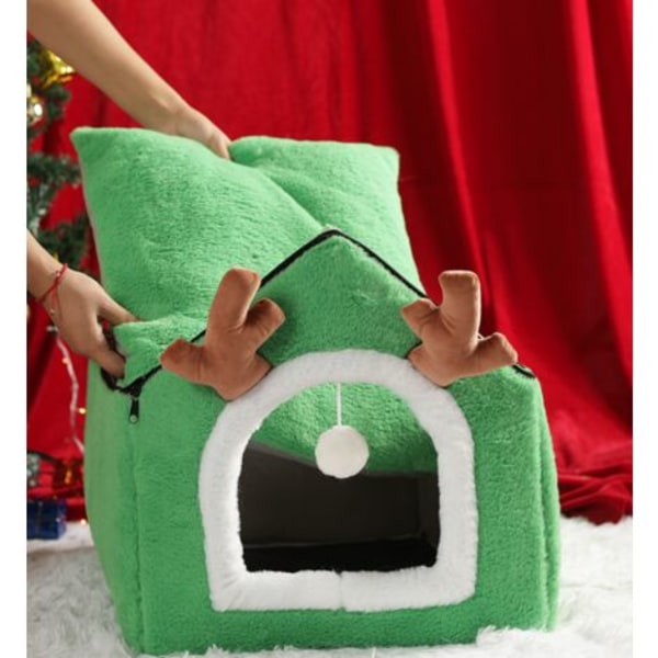 Christmas Cat House Vindtätt Cat Cave Nest Söt jul varm kattsäng för vintern Bekväm katthussäng（grön）