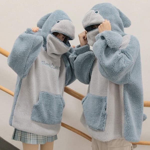 Hoodie för damer med hajmotiv, mjukt fleecefoder, lös passform, par-tröja, myskläder