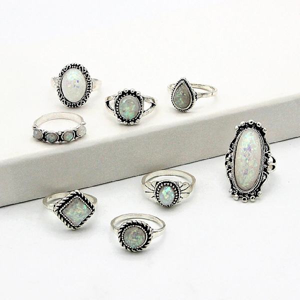 8 st/ set Fyrkantiga stapelbara knogringar Silverfärg Etnisk stil Faux Gem Finger Ringar Smycken Tillbehör
